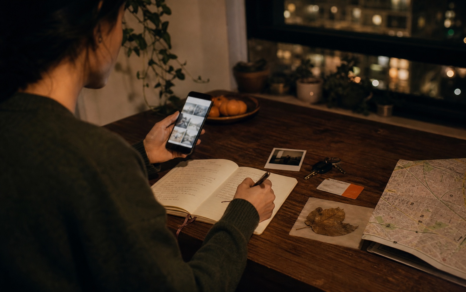 An evening journal with photographs, a leaf, and maps from the city