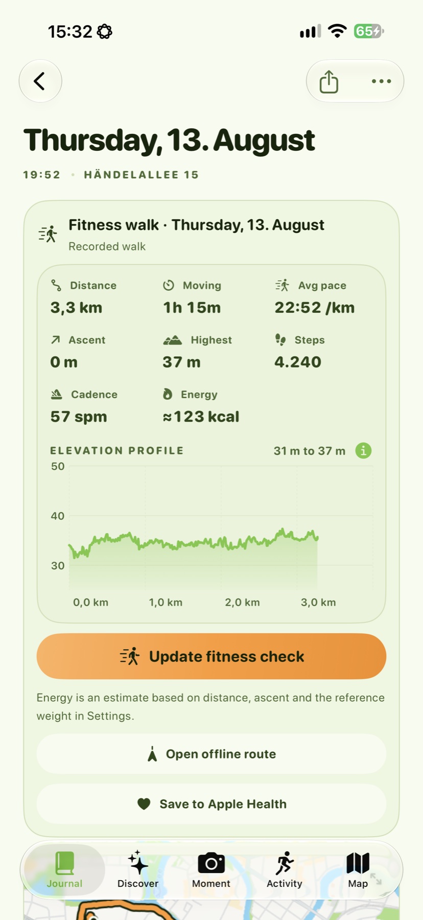 Real Wegmarke Activity detail screen with distance, pace, steps, energy, and elevation
