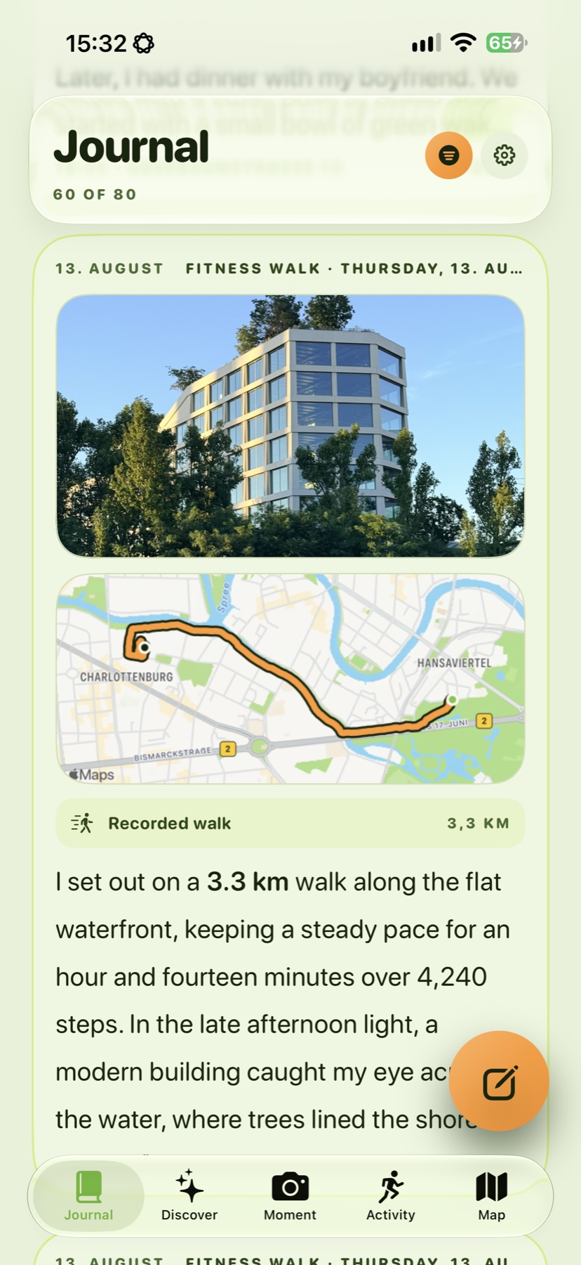 Wegmarke Journal screen combining a photograph, route, and reflection